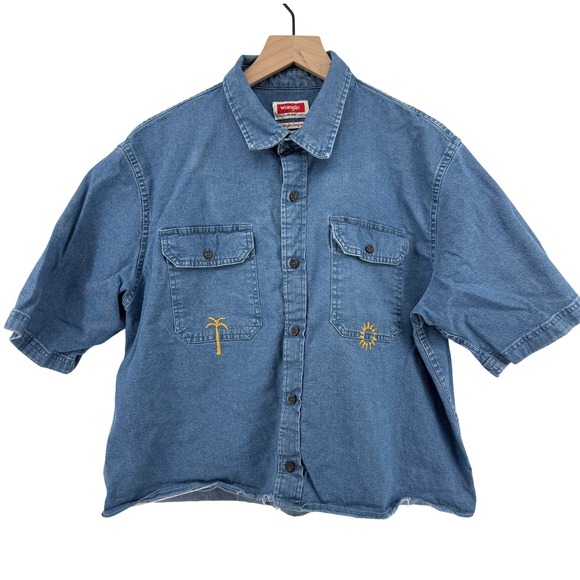 Wrangler Tops - Wrangler Denim‎ Short Sleeve Embroidered Button Down Shirt Blue Women L Raw Hem